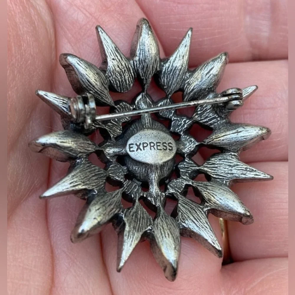 Vintage Sunburst Crystal Brooch with crystal and Brass Accents